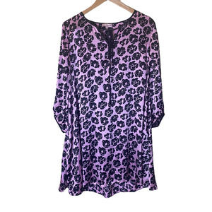 Juicy Couture Pink and Black Floral 100% Silk Tunic Large Asymmetrical Hem Midi